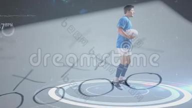 橄榄球运动员用一个测量他的动作和心跳的模拟器在原地跑步的动画
